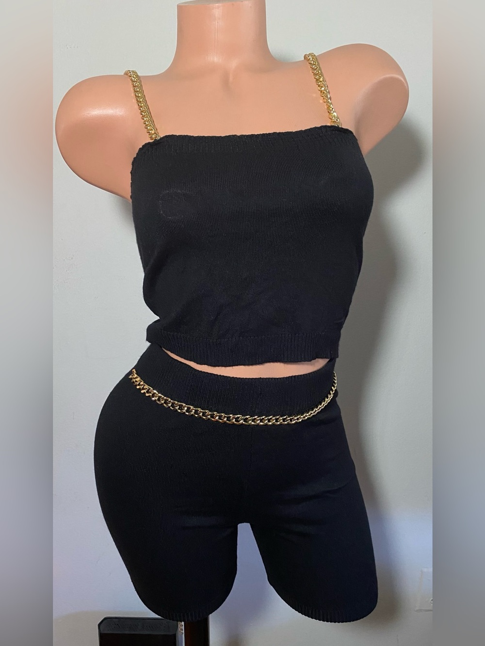 Fashion Nova Black Knit Two-Piece Set with Gold Chain Straps Size S